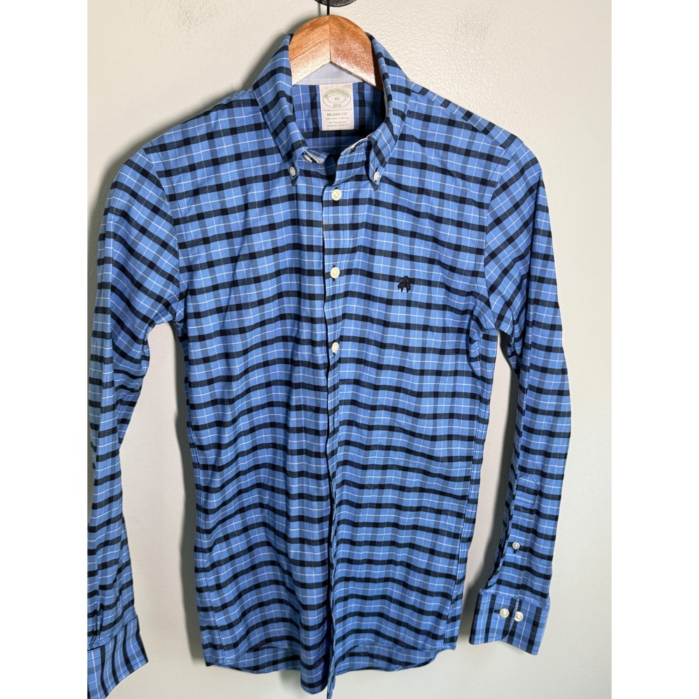 Brooks Brothers Milano Fit Shirt Mens XS Blue Plaid Non-Iron Stretch Cotton